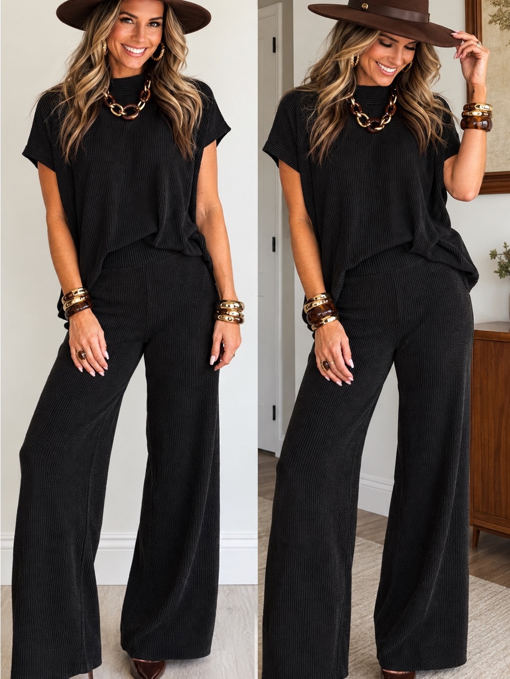 Zenana Outfitters Black Wide-Leg Knit Two-Piece Set